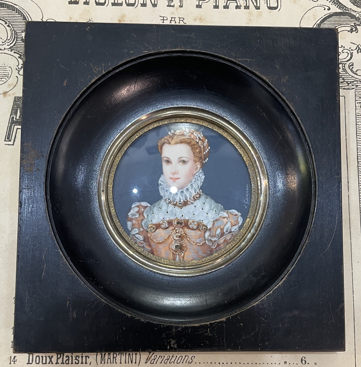 Antique French Hand Painted Miniature Elizabethan Era Noblewoman c1900