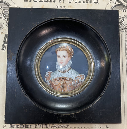 Antique French Hand Painted Miniature Elizabethan Era Noblewoman c1900