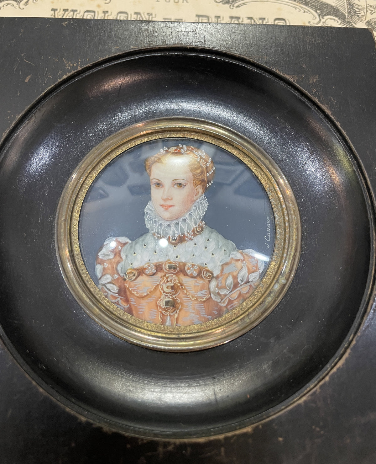 Antique French Hand Painted Miniature Elizabethan Era Noblewoman c1900