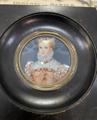 Antique French Hand Painted Miniature Elizabethan Era Noblewoman c1900