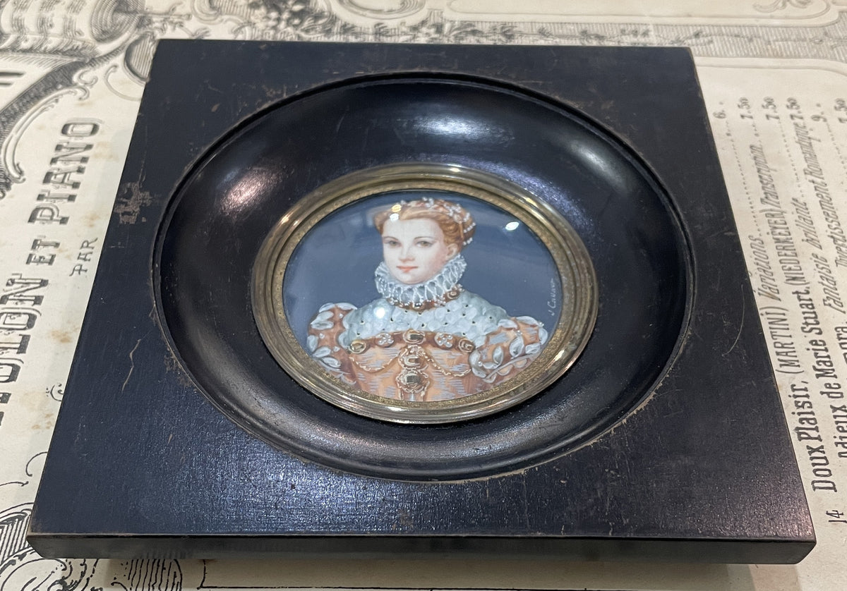 Antique French Hand Painted Miniature Elizabethan Era Noblewoman c1900