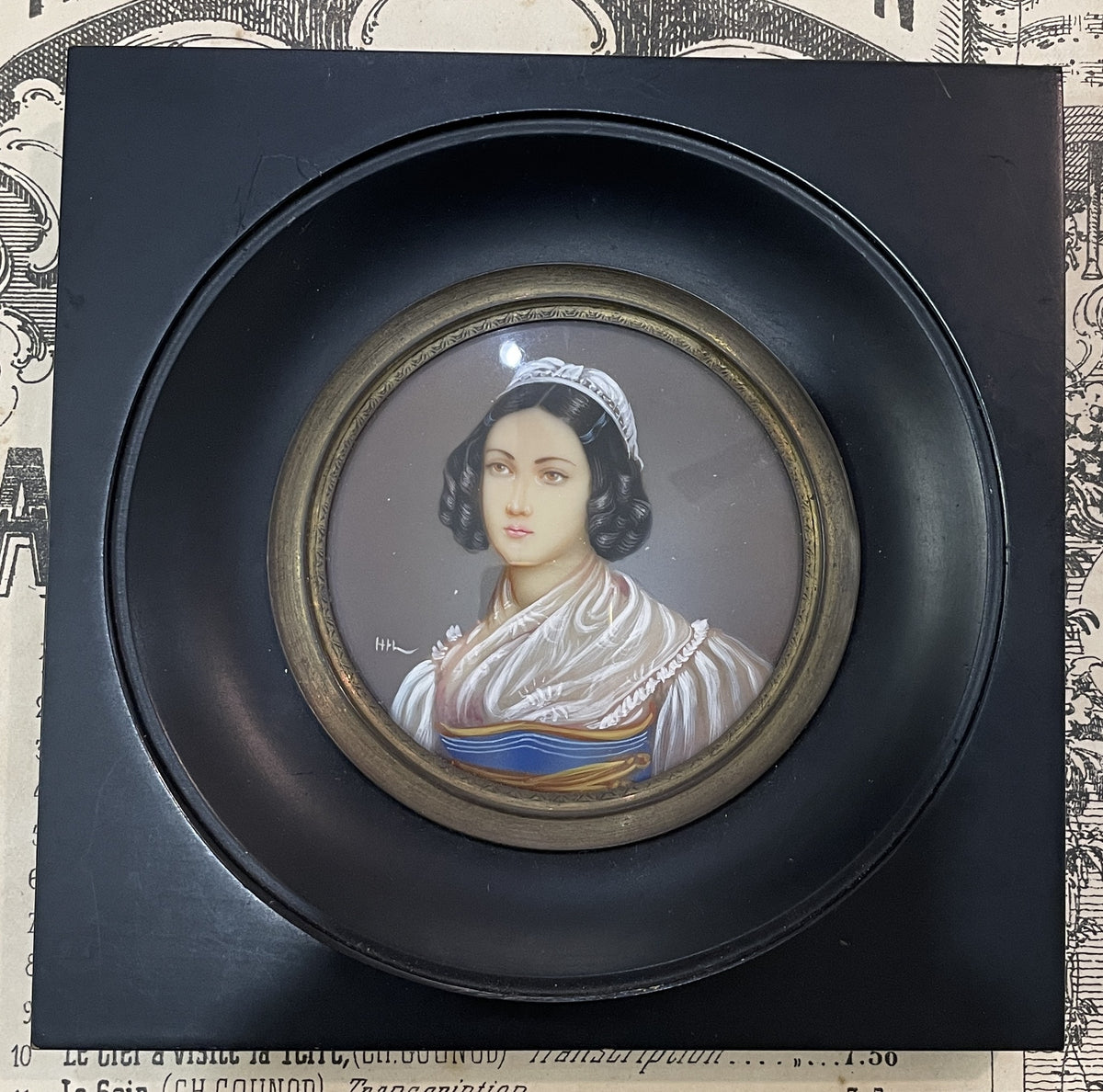 Antique French Hand Painted Miniature Woman Signed Hil c1900
