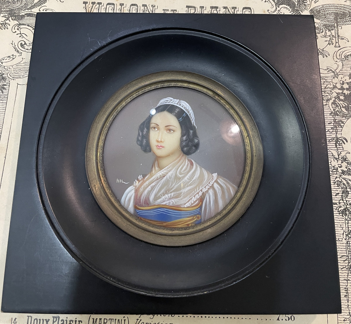 Antique French Hand Painted Miniature Woman Signed Hil c1900