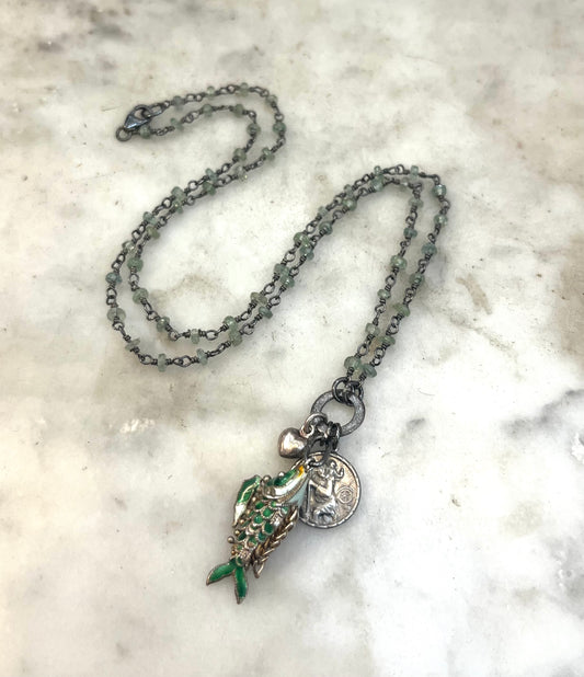 Sterling enamel green fish, St Christopher medal, heart and necklace