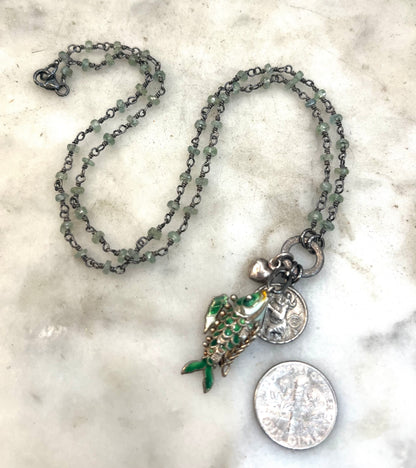 Sterling enamel green fish, St Christopher medal, heart and necklace