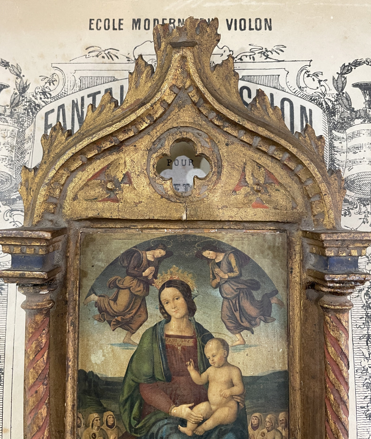 Rare Antique Italian Mary Jesus Angels Icon Wooden Wall Plaque c1880