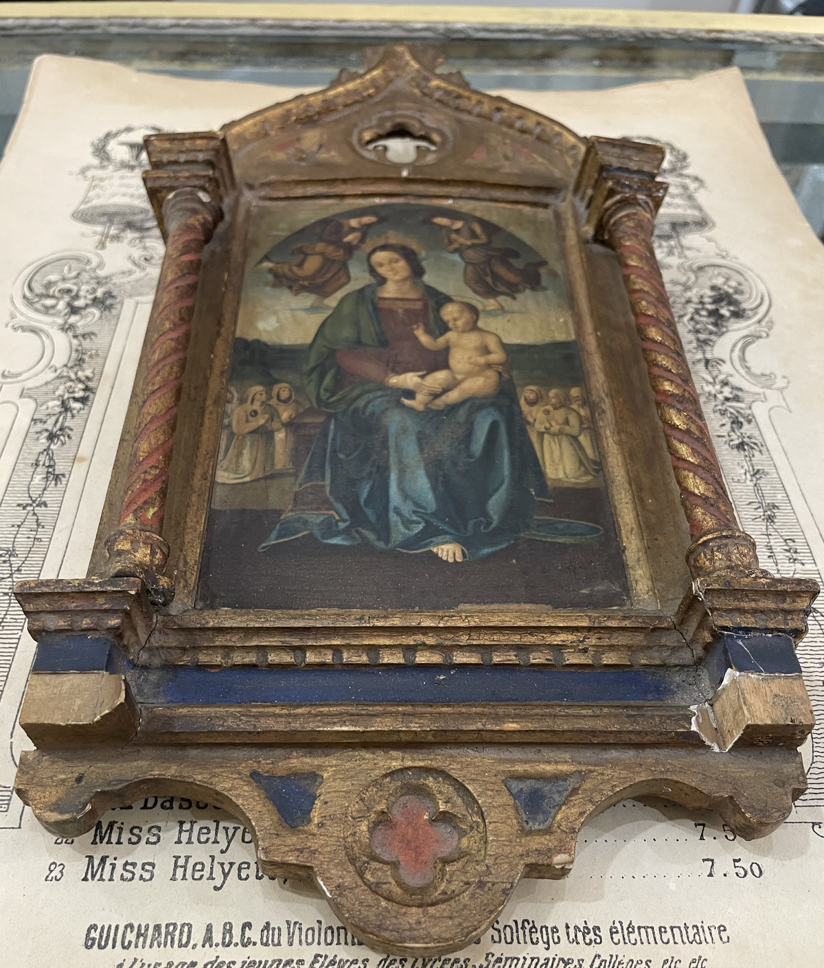 Rare Antique Italian Mary Jesus Angels Icon Wooden Wall Plaque c1880