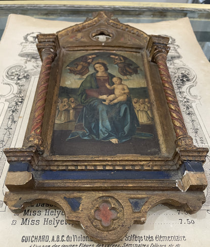 Rare Antique Italian Mary Jesus Angels Icon Wooden Wall Plaque c1880