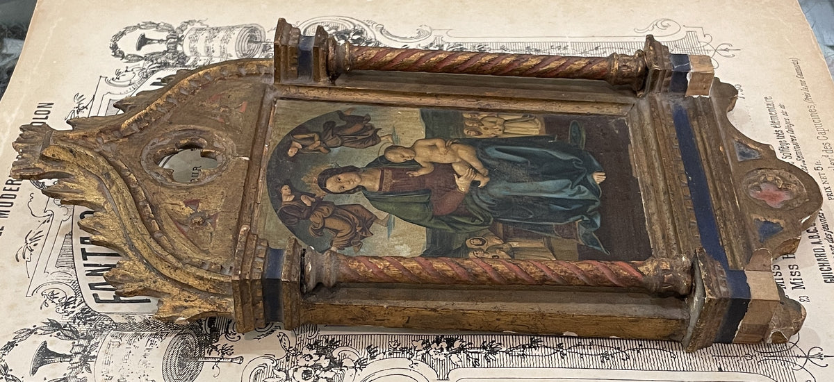 Rare Antique Italian Mary Jesus Angels Icon Wooden Wall Plaque c1880