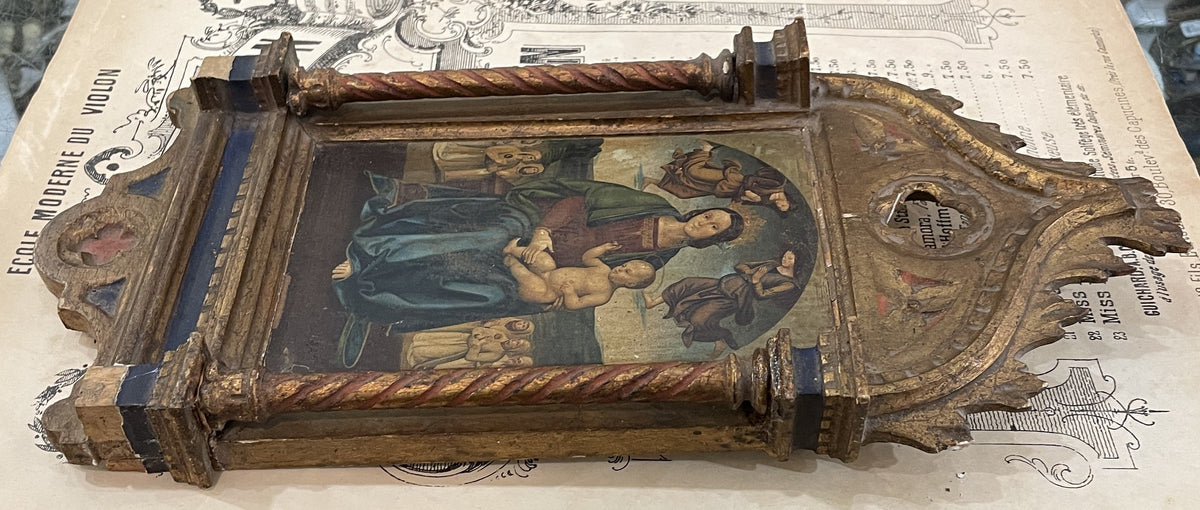Rare Antique Italian Mary Jesus Angels Icon Wooden Wall Plaque c1880