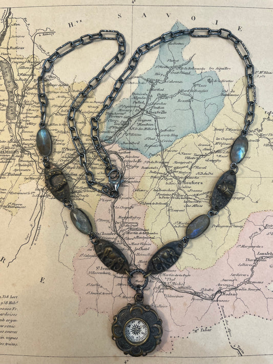 Vintage French Lucky Symbols and Compass Necklace