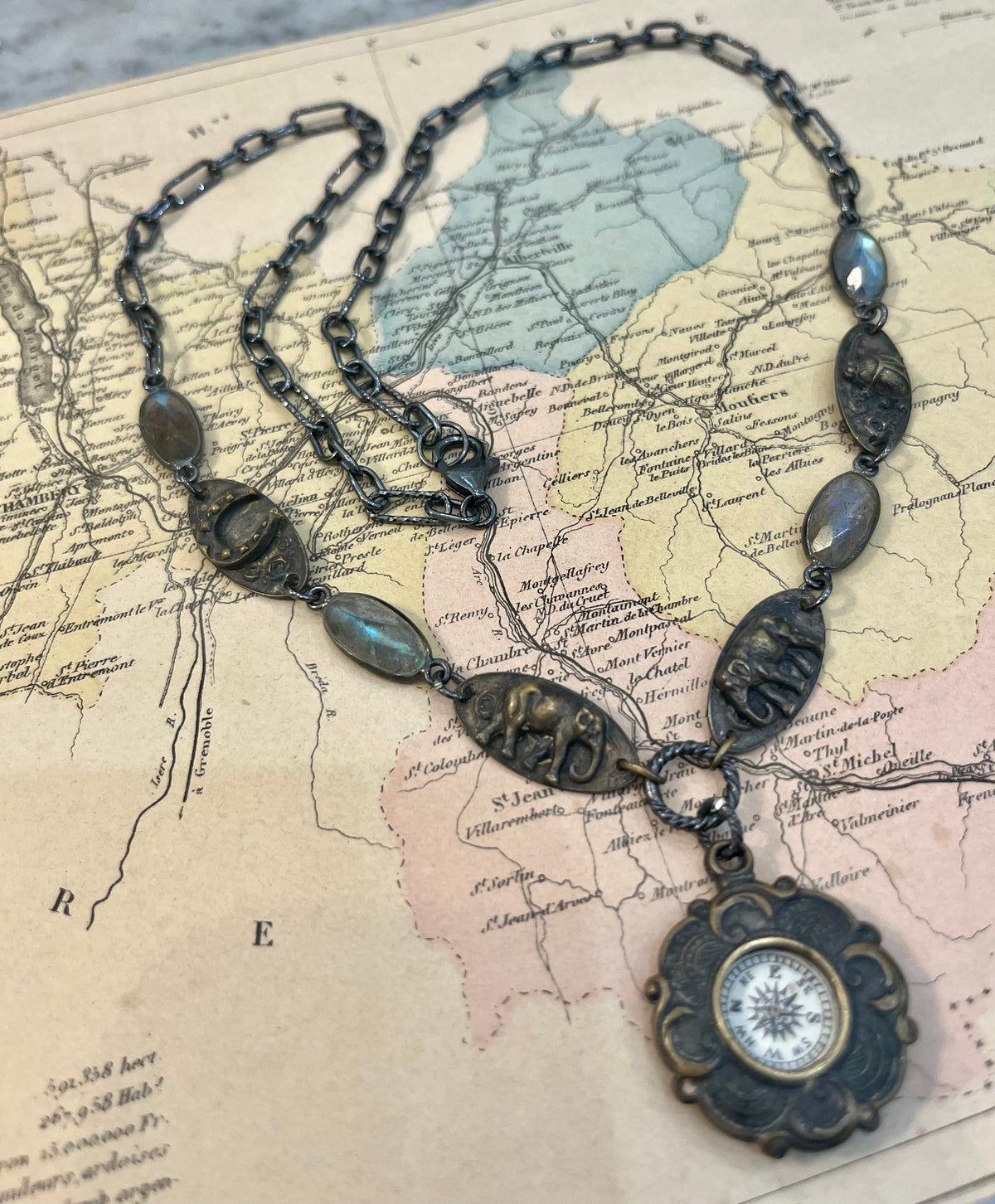 Vintage French Lucky Symbols and Compass Necklace