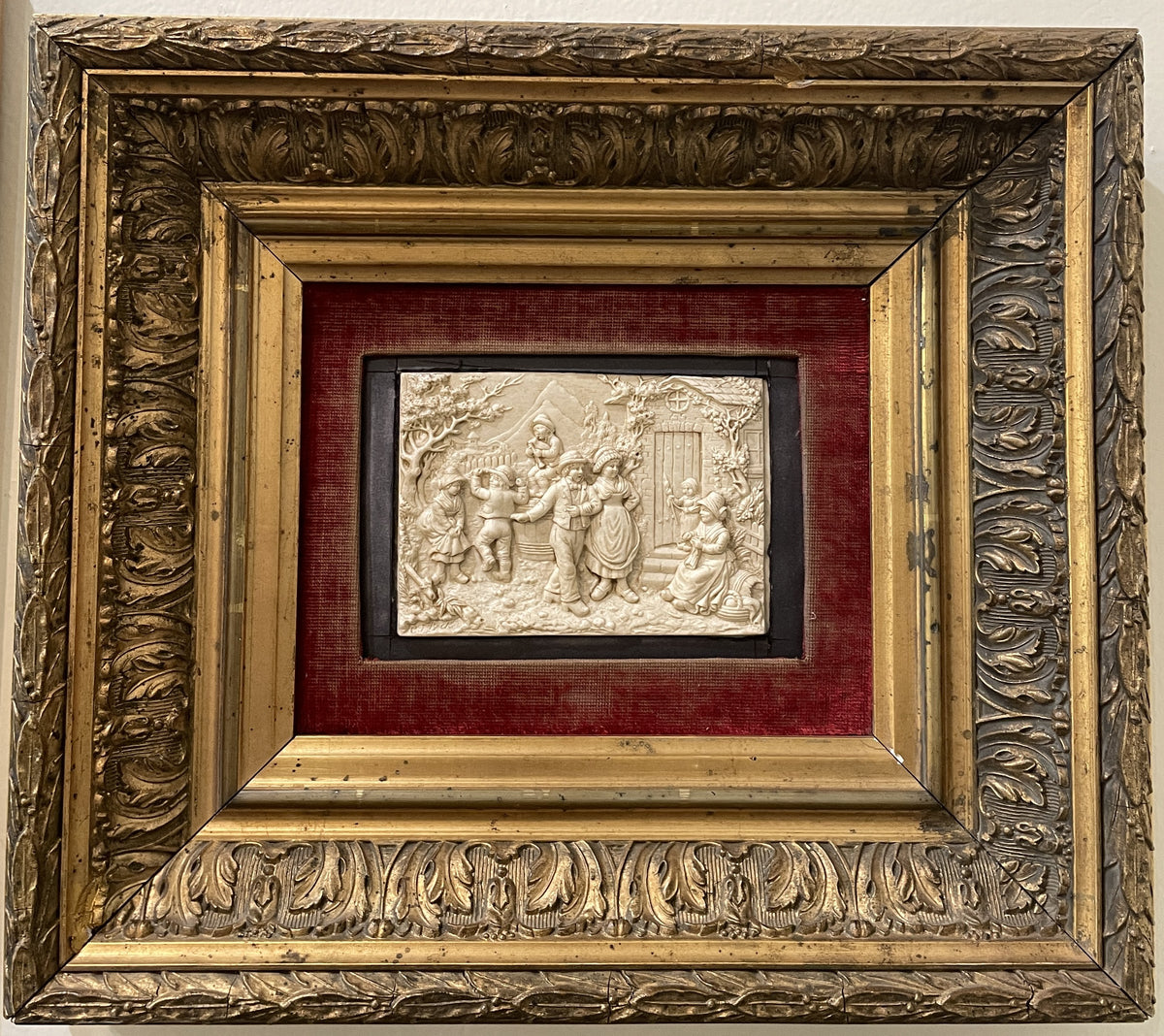 Rare Large Antique French Petrifying Well Farm Scene Plaque Framed Signed Becker c1900