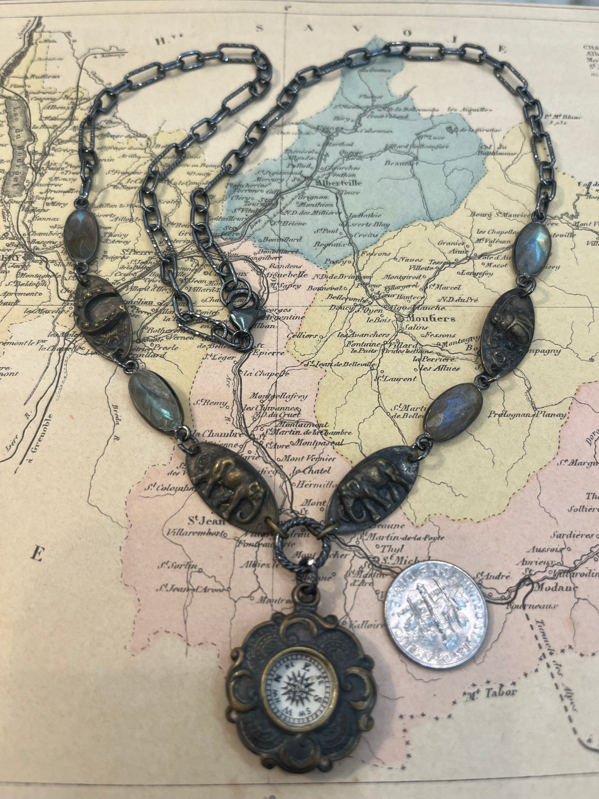 Vintage French Lucky Symbols and Compass Necklace