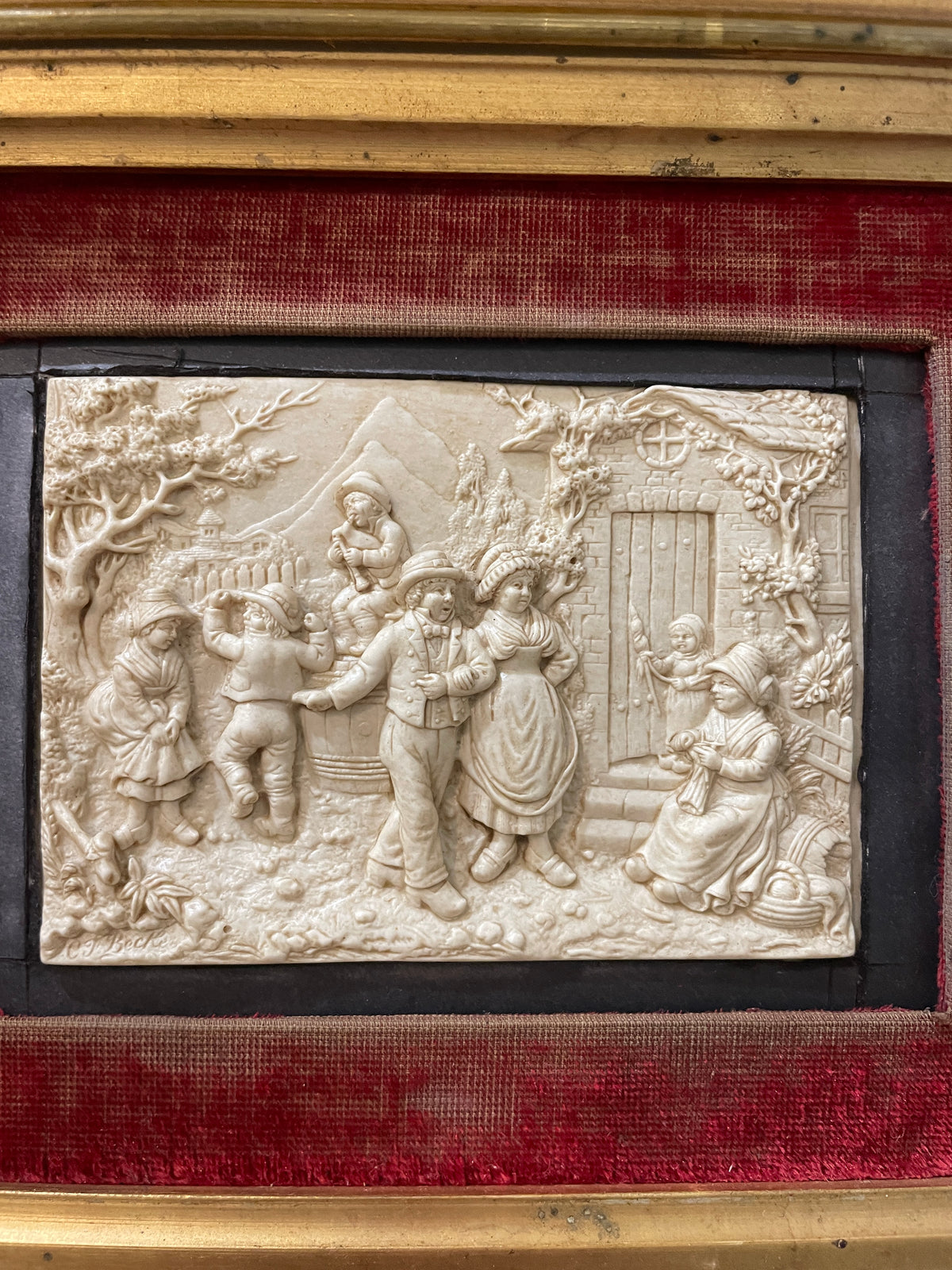 Rare Large Antique French Petrifying Well Farm Scene Plaque Framed Signed Becker c1900