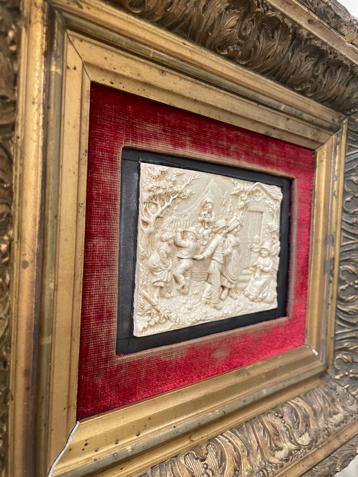 Rare Large Antique French Petrifying Well Farm Scene Plaque Framed Signed Becker c1900