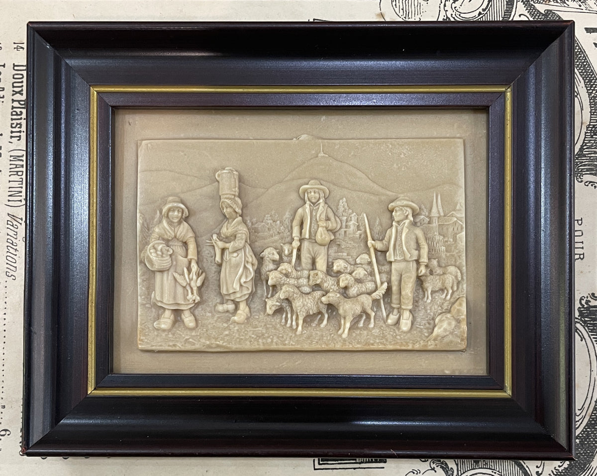 Antique French Petrifying Well Farm Scene Plaque Framed c1920