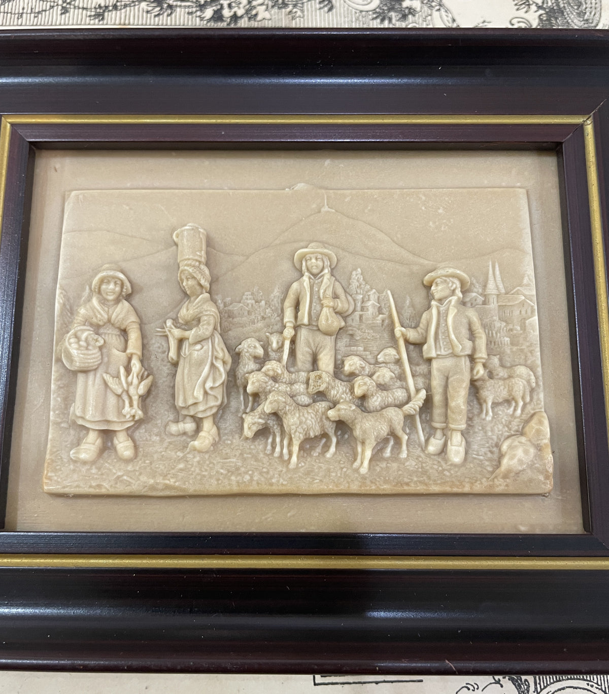 Antique French Petrifying Well Farm Scene Plaque Framed c1920