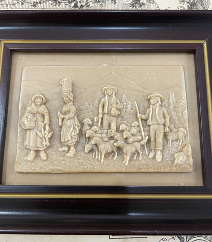 Antique French Petrifying Well Farm Scene Plaque Framed c1920