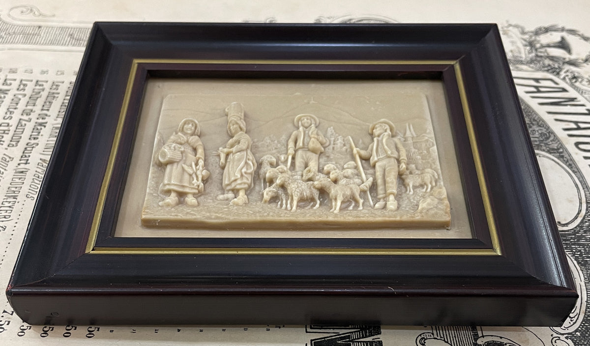 Antique French Petrifying Well Farm Scene Plaque Framed c1920