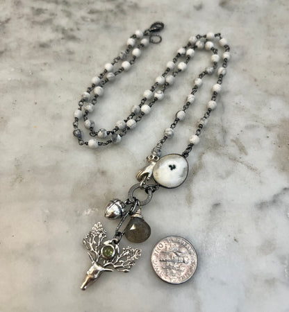 Peridot Deer Pendant with acorn, solar quartz necklace
