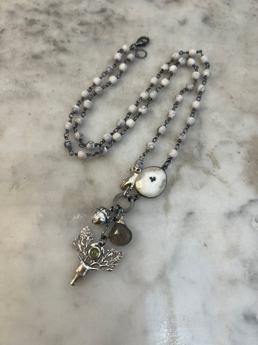 Peridot Deer Pendant with acorn, solar quartz necklace