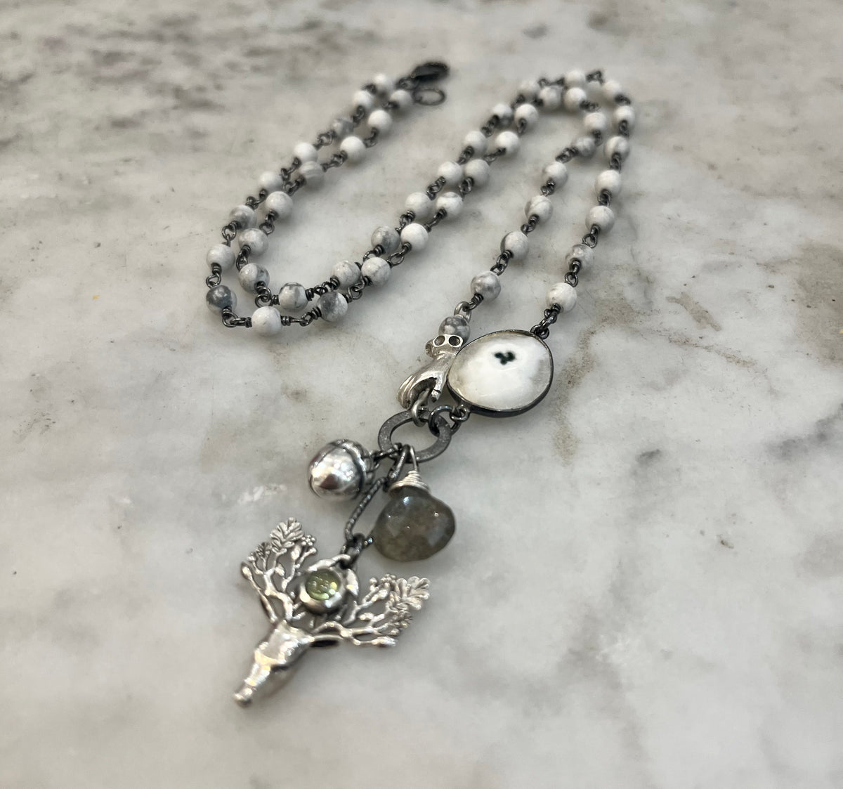 Peridot Deer Pendant with acorn, solar quartz necklace