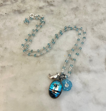 Antique Butterfly Wing Palm Tree Pendant with gemstone chain