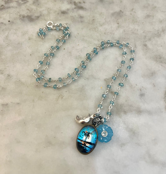 Antique Butterfly Wing Palm Tree Pendant with gemstone chain