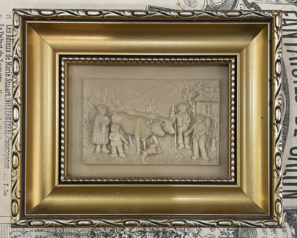 Antique French Petrifying Well Farm Scene Plaque  Framed  c1920