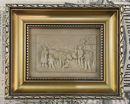Antique French Petrifying Well Farm Scene Plaque  Framed  c1920