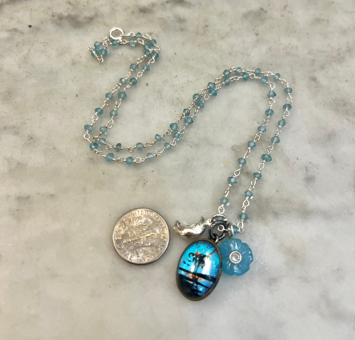 Antique Butterfly Wing Palm Tree Pendant with gemstone chain