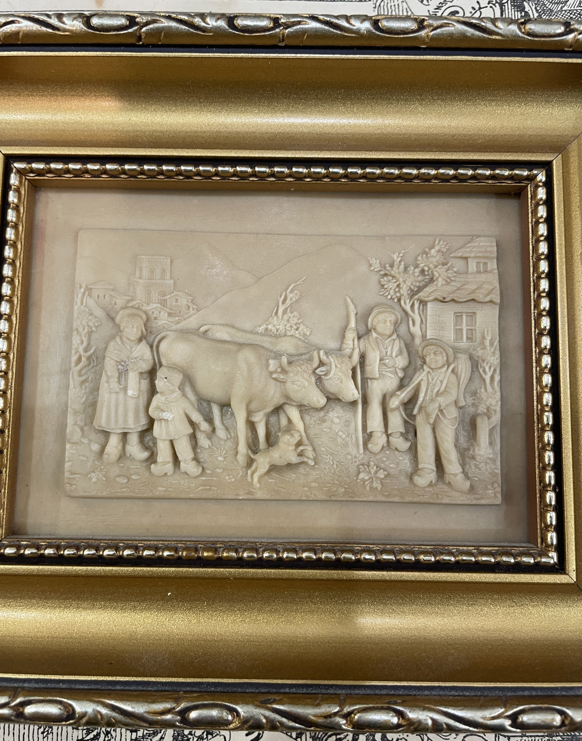 Antique French Petrifying Well Farm Scene Plaque  Framed  c1920