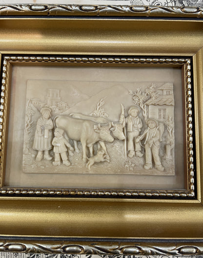 Antique French Petrifying Well Farm Scene Plaque  Framed  c1920