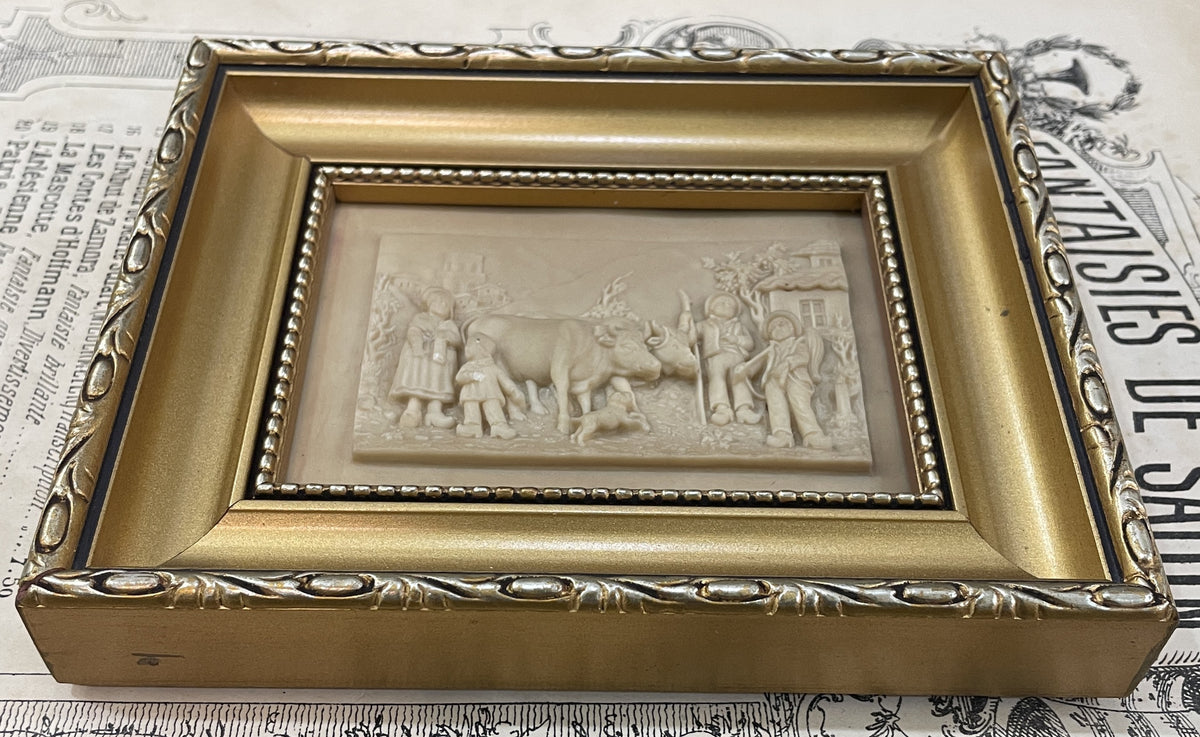 Antique French Petrifying Well Farm Scene Plaque  Framed  c1920