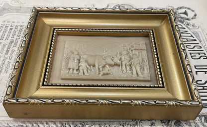 Antique French Petrifying Well Farm Scene Plaque  Framed  c1920