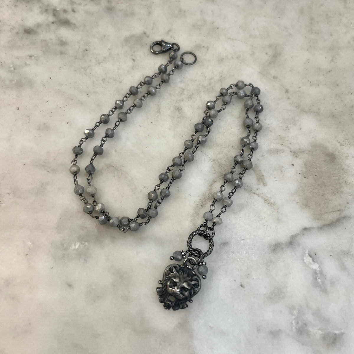 Antique French Lion charm necklace with pyrite