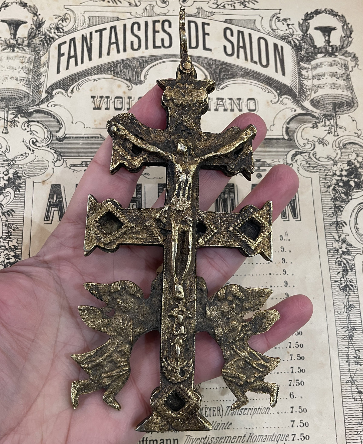 Rare Large Antique Spanish Bronze Caravaca Cross Crucifix Reliquary Angels c1900