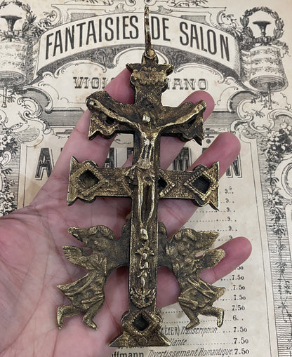 Rare Large Antique Spanish Bronze Caravaca Cross Crucifix Reliquary Angels c1900