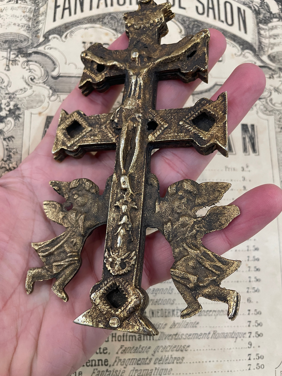 Rare Large Antique Spanish Bronze Caravaca Cross Crucifix Reliquary Angels c1900