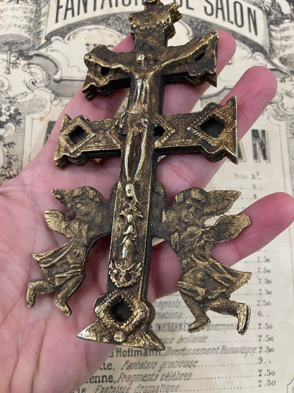 Rare Large Antique Spanish Bronze Caravaca Cross Crucifix Reliquary Angels c1900