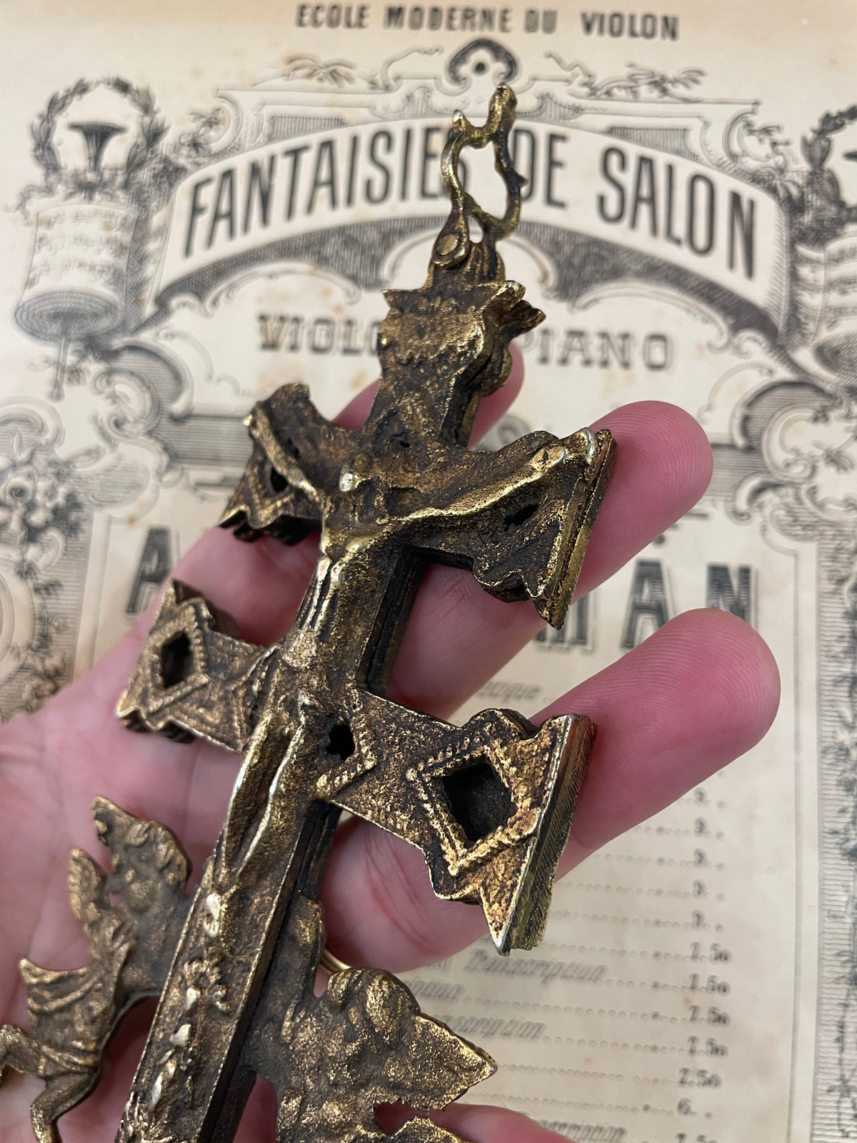Rare Large Antique Spanish Bronze Caravaca Cross Crucifix Reliquary Angels c1900