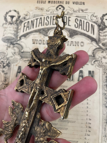Rare Large Antique Spanish Bronze Caravaca Cross Crucifix Reliquary Angels c1900