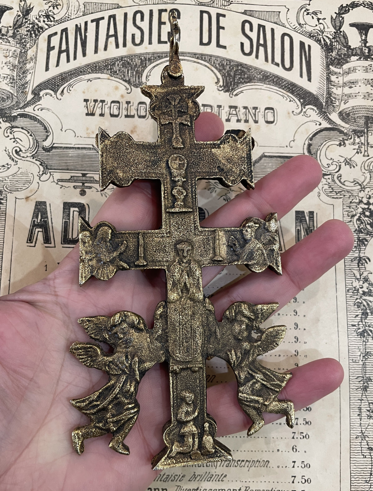 Rare Large Antique Spanish Bronze Caravaca Cross Crucifix Reliquary Angels c1900