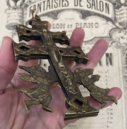 Rare Large Antique Spanish Bronze Caravaca Cross Crucifix Reliquary Angels c1900