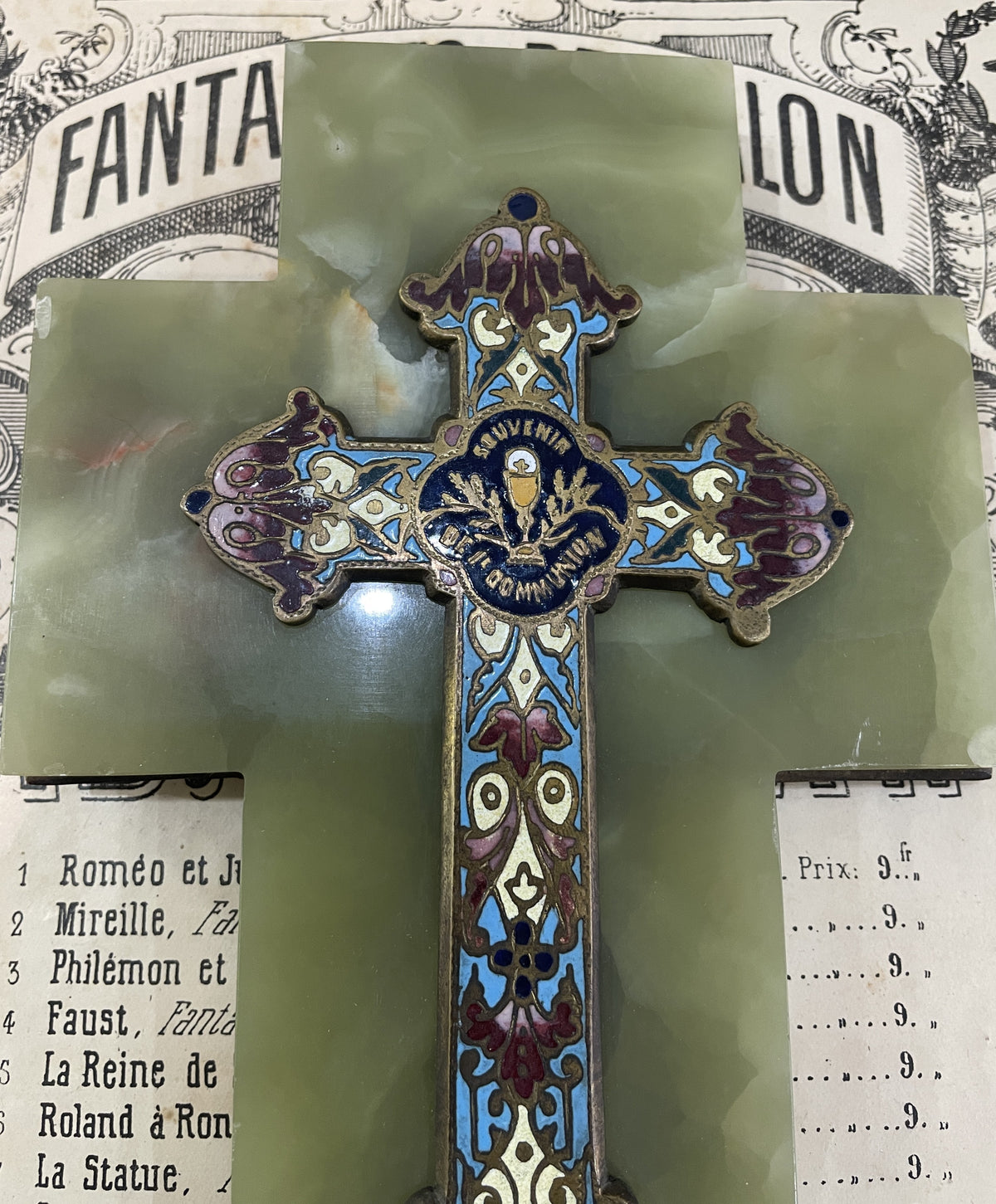 Antique French Champleve Enamel Onyx Holy Water Font Cross Crucifix c1880