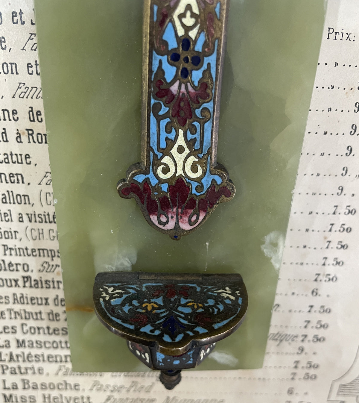 Antique French Champleve Enamel Onyx Holy Water Font Cross Crucifix c1880