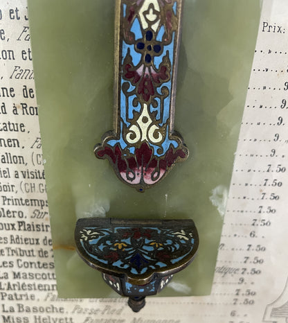 Antique French Champleve Enamel Onyx Holy Water Font Cross Crucifix c1880