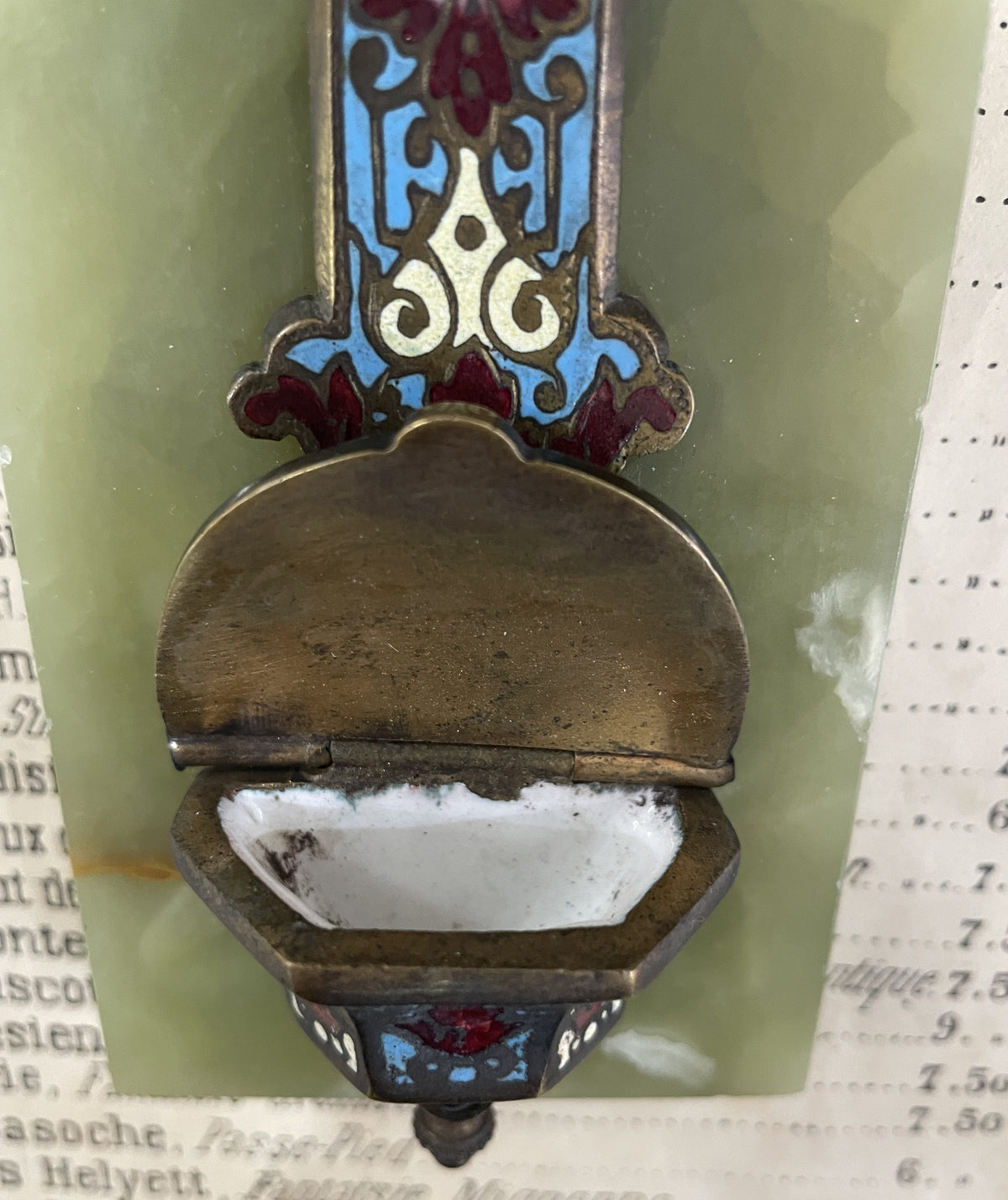 Antique French Champleve Enamel Onyx Holy Water Font Cross Crucifix c1880