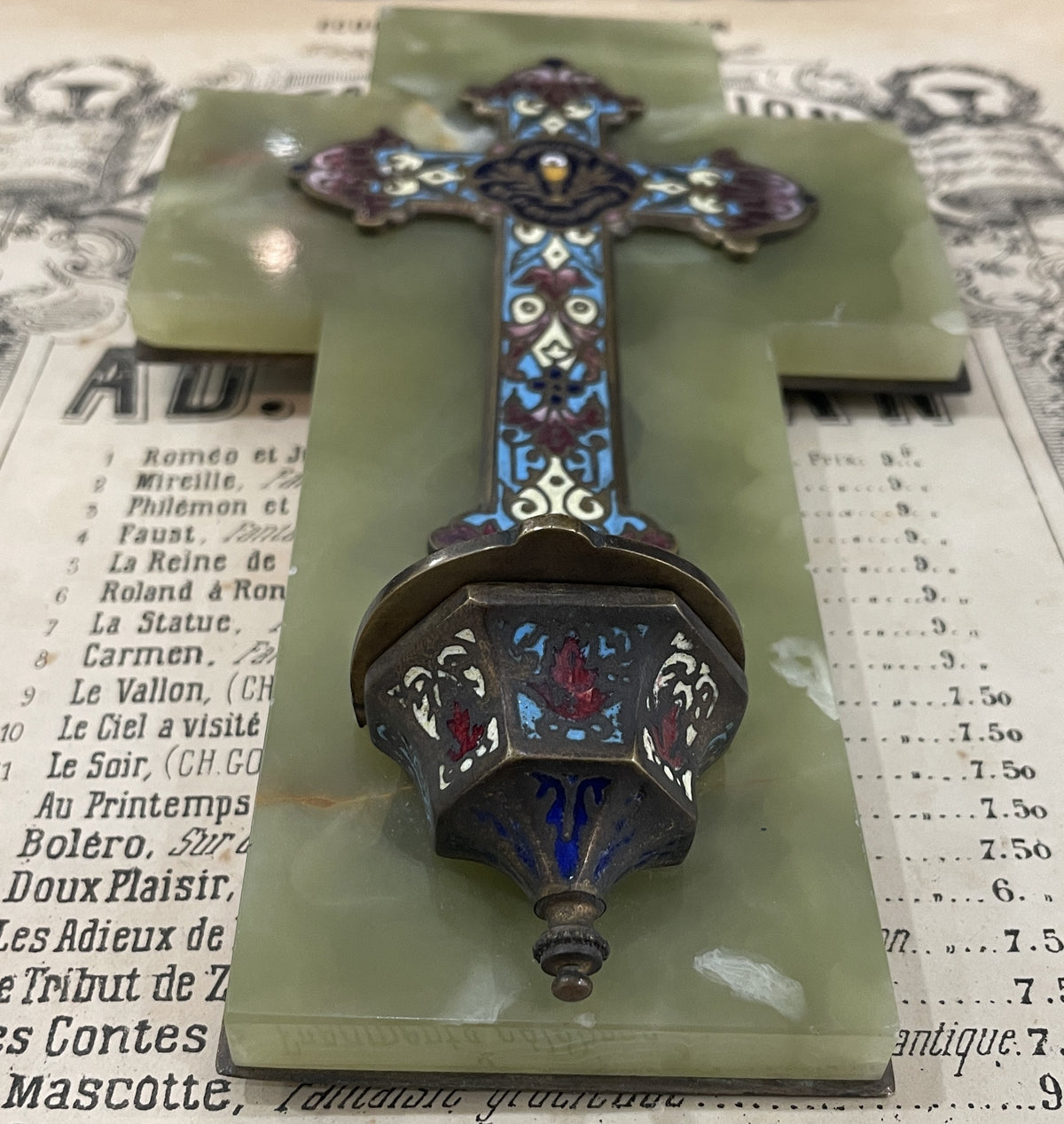 Antique French Champleve Enamel Onyx Holy Water Font Cross Crucifix c1880